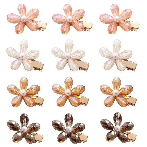 12Pcs Crystal Hair Clips Pearls Alligator Hairpins Small Mini Flower